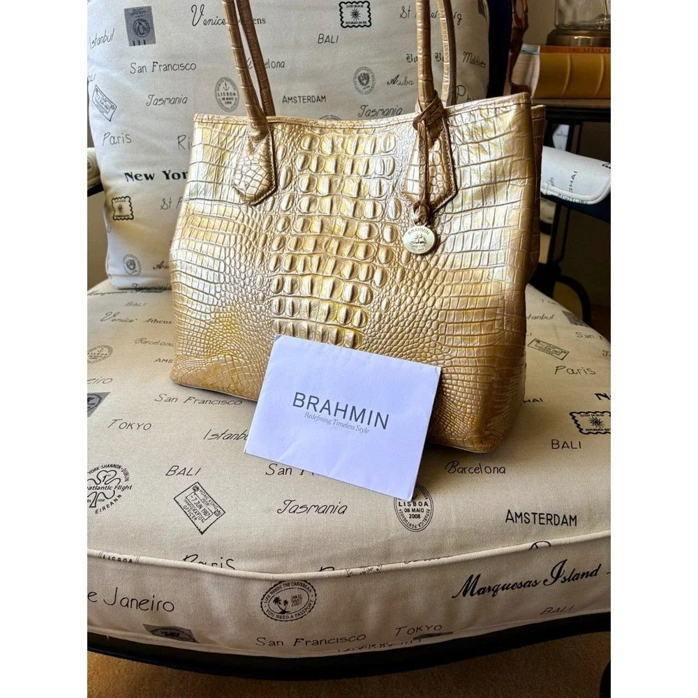 NWT Brahmin Sol Glossy Anytime Tote Gold Croc Embossed Leather Bag Neutral